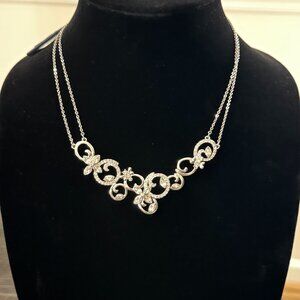 NWT Authentic Swarovski Silver Double Chain Floral Necklace
